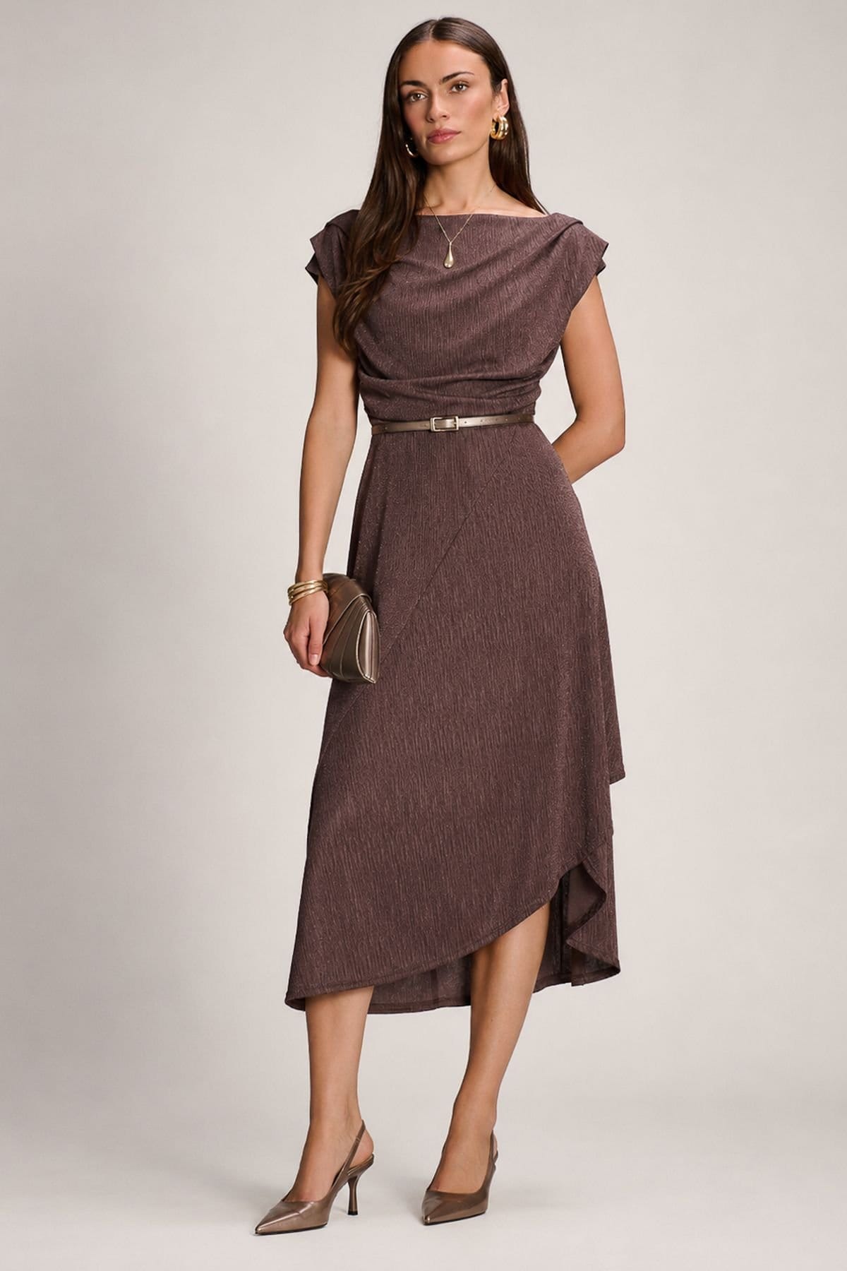 Jolie Moi Jolie Moi Women's Asymmmetric Draped Midi Dress in Brown - 4