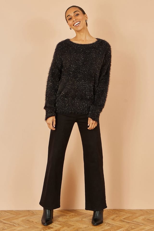 Yumi Yumi Women's Black Metallic Fluffy Eyelash Relaxed Jumper - 2