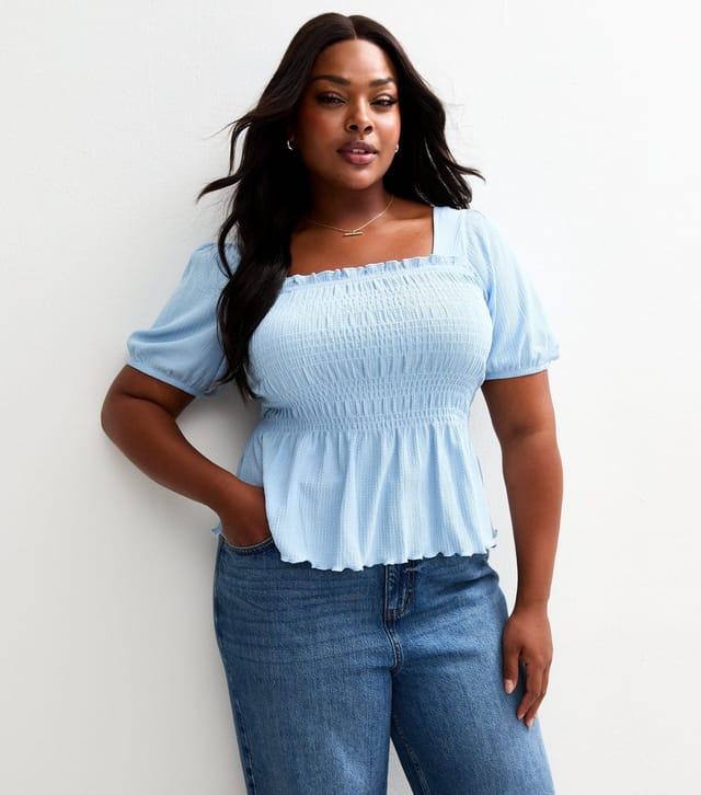 New Look Women's Plus Size Light Blue Shirred Puff Sleeve Top Curves New Look - 2