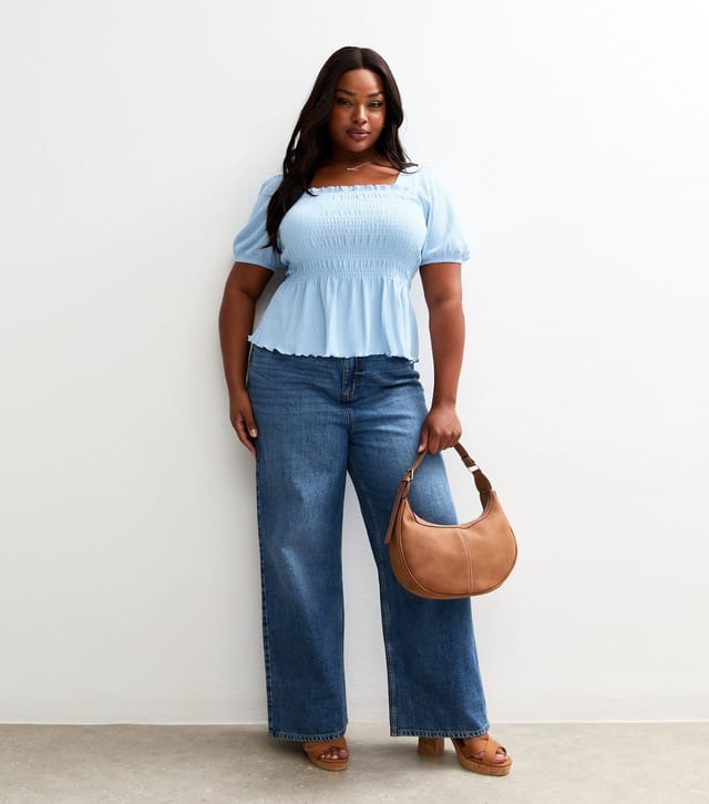 New Look Women's Plus Size Light Blue Shirred Puff Sleeve Top Curves New Look - 3