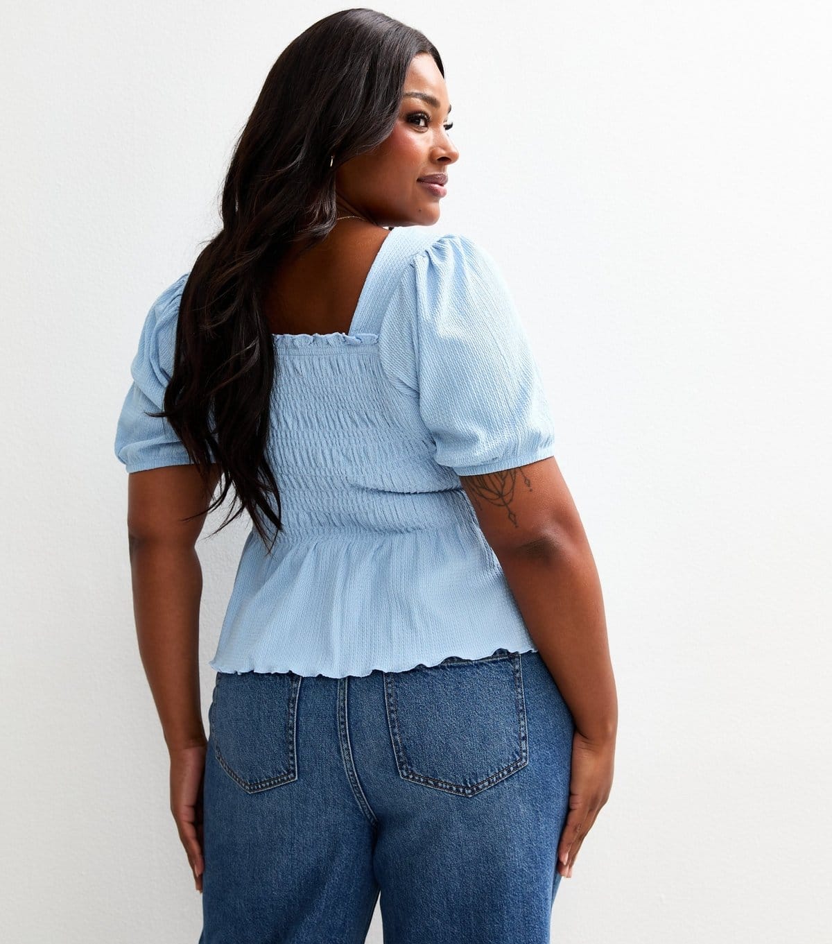 New Look Women's Plus Size Light Blue Shirred Puff Sleeve Top Curves New Look - 4