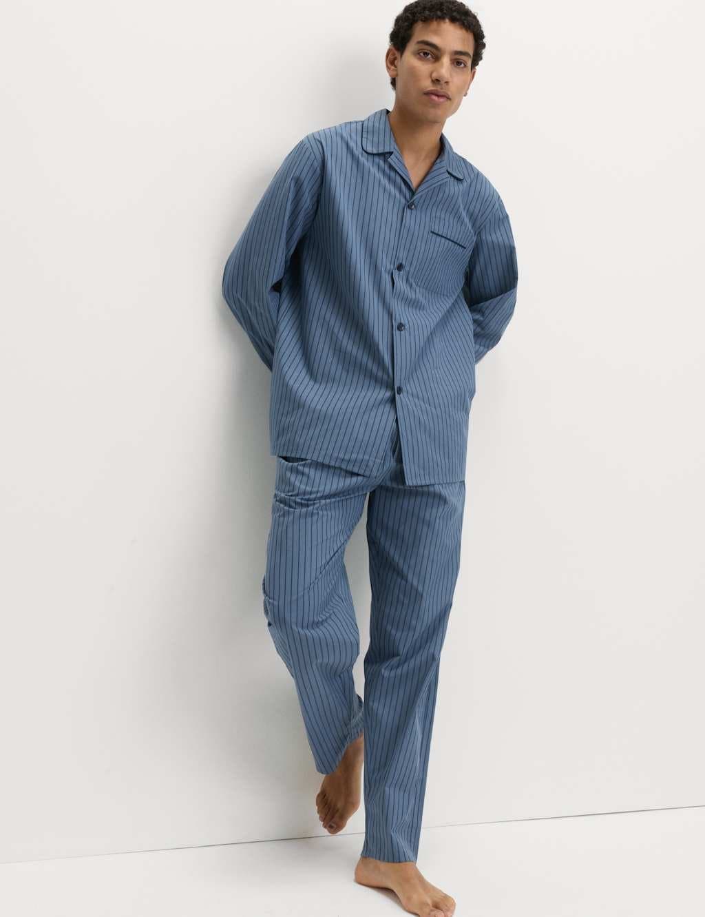 Marks & Spencer M&S Pure Cotton Striped Pyjama Set Blue