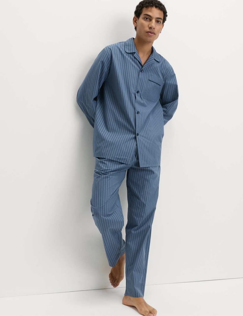 Marks & Spencer M&S Pure Cotton Striped Pyjama Set Blue - 1