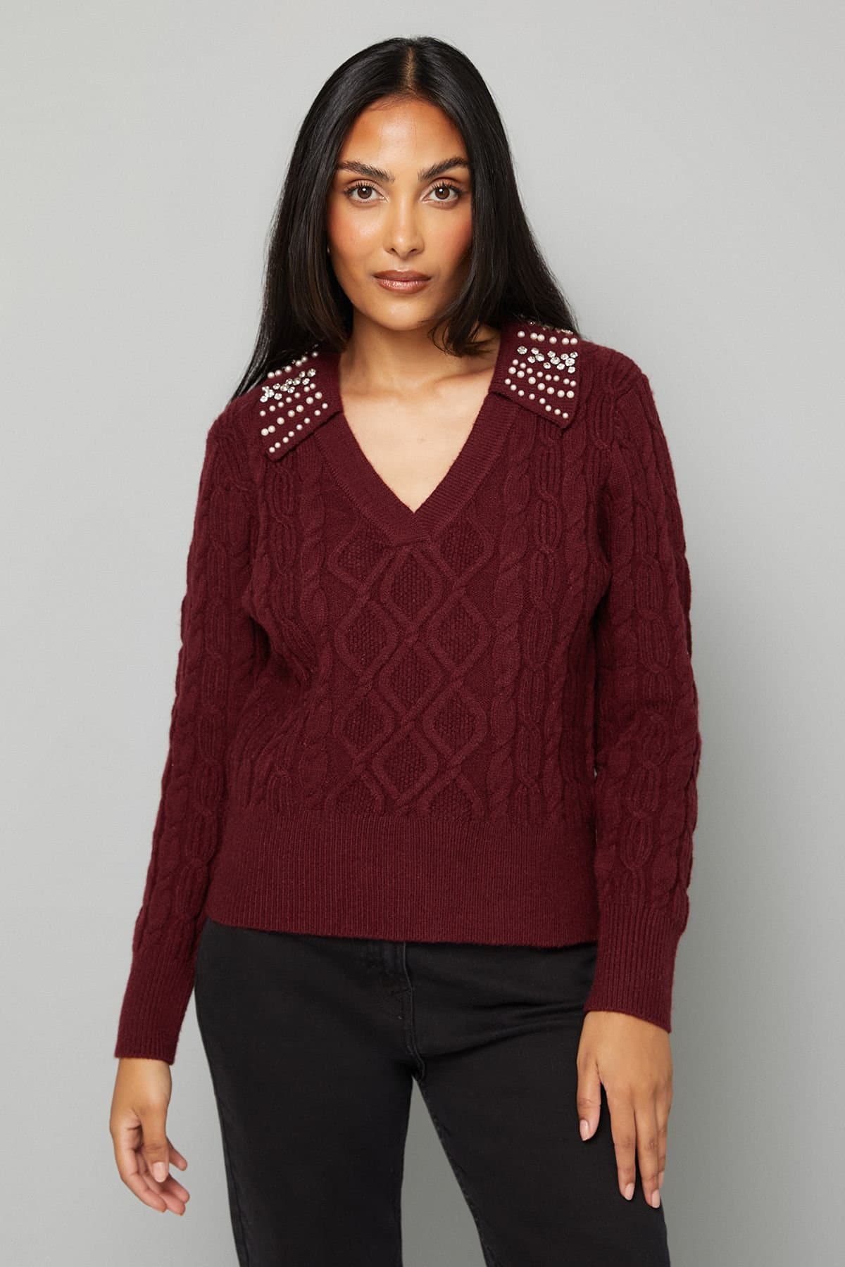 Wallis Wallis Women's Petite Cable Embellished Polo Collar Jumper in Plum