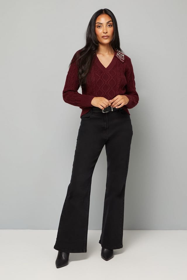 Wallis Wallis Women's Petite Cable Embellished Polo Collar Jumper in Plum - 2