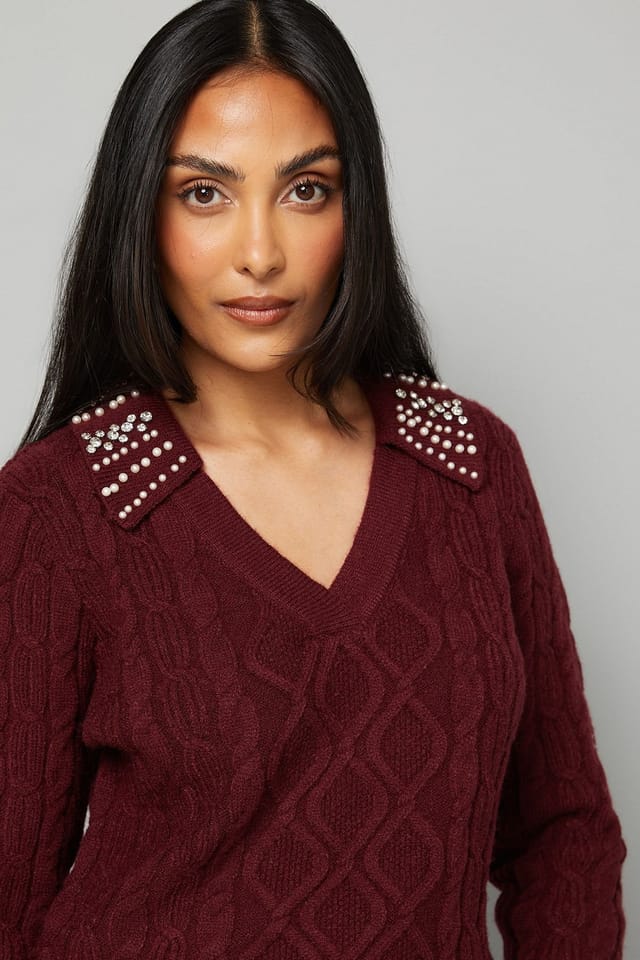 Wallis Wallis Women's Petite Cable Embellished Polo Collar Jumper in Plum - 3