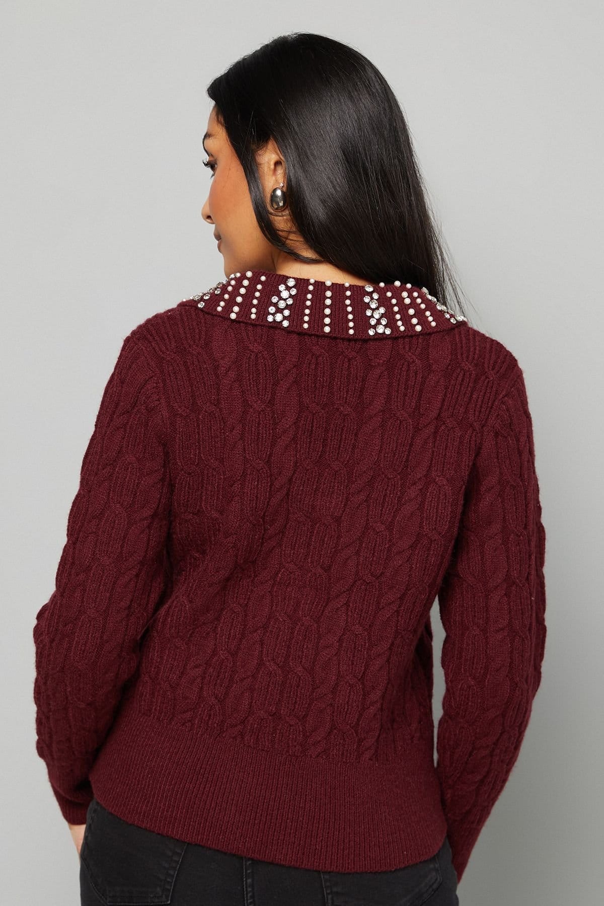 Wallis Wallis Women's Petite Cable Embellished Polo Collar Jumper in Plum - 4