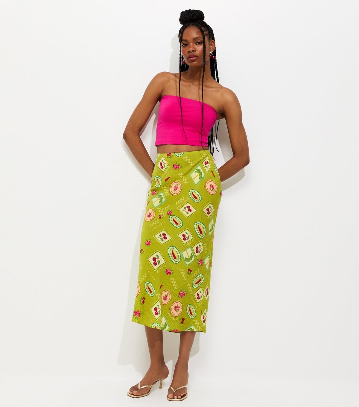 New Look Women's Green Fruit Print Bias Cut Midi Skirt New Look