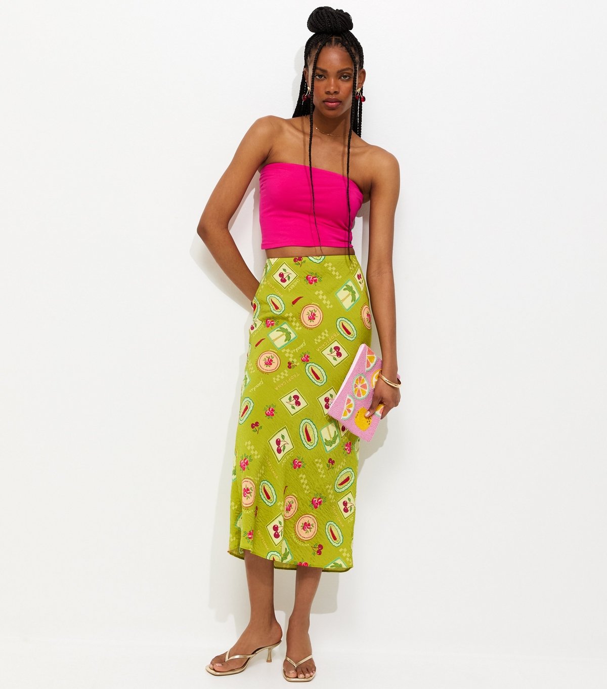 New Look Women's Green Fruit Print Bias Cut Midi Skirt New Look - 3