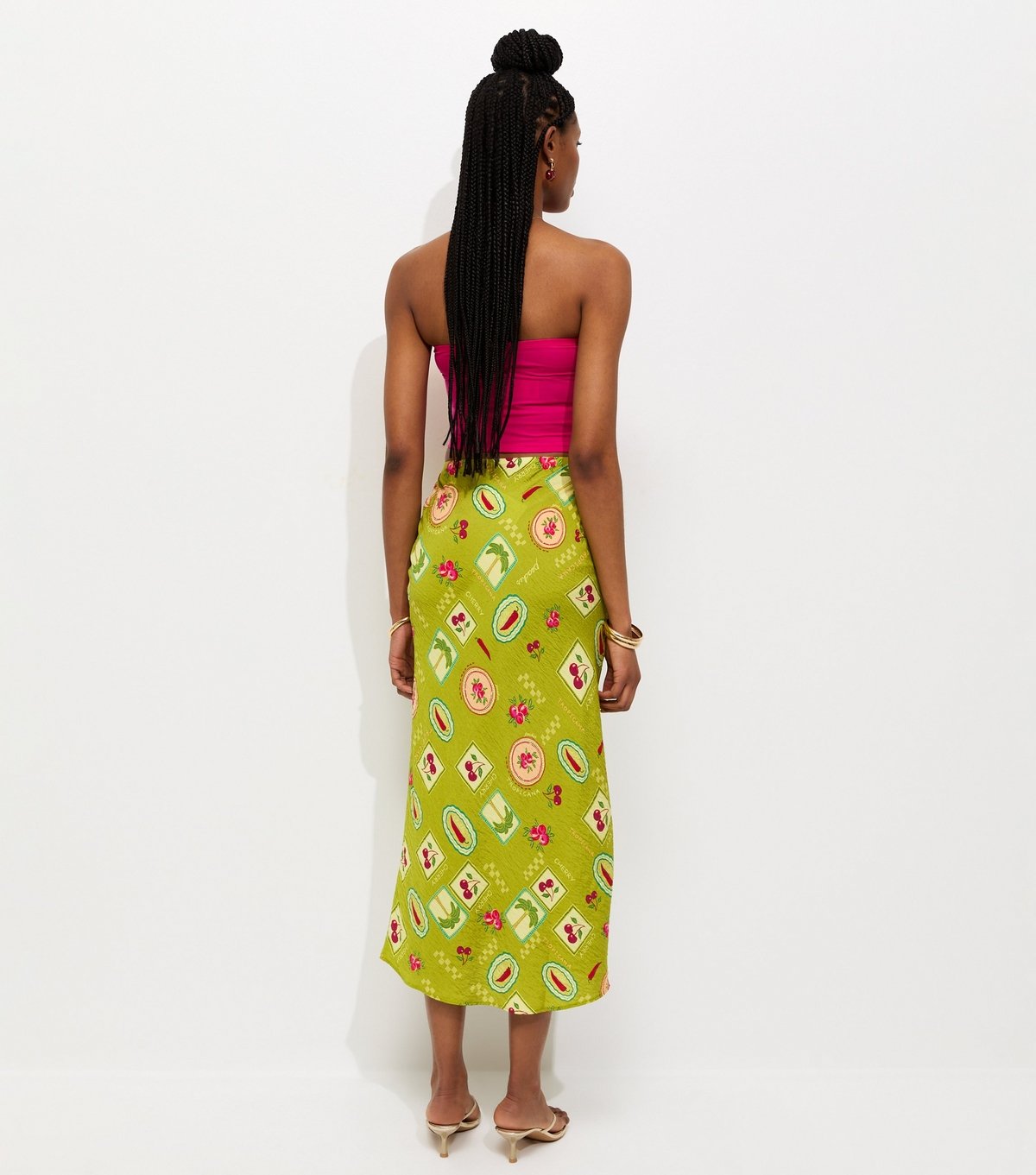 New Look Women's Green Fruit Print Bias Cut Midi Skirt New Look - 4