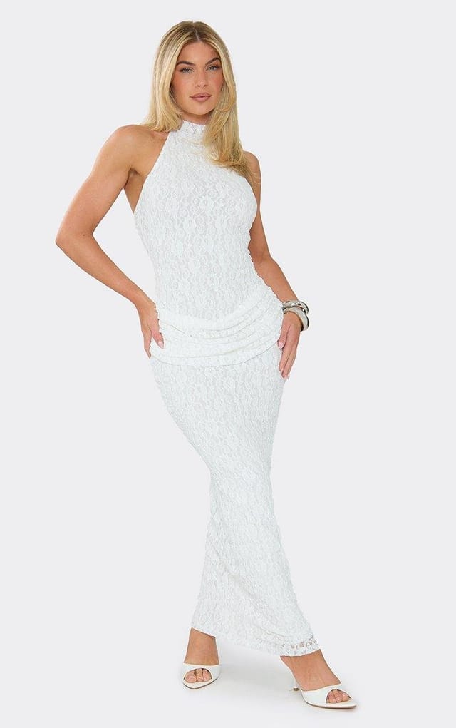 EGO High Neck Drape Front Open Back Maxi Dress In White Lace, Women's Size UK 6 - 2