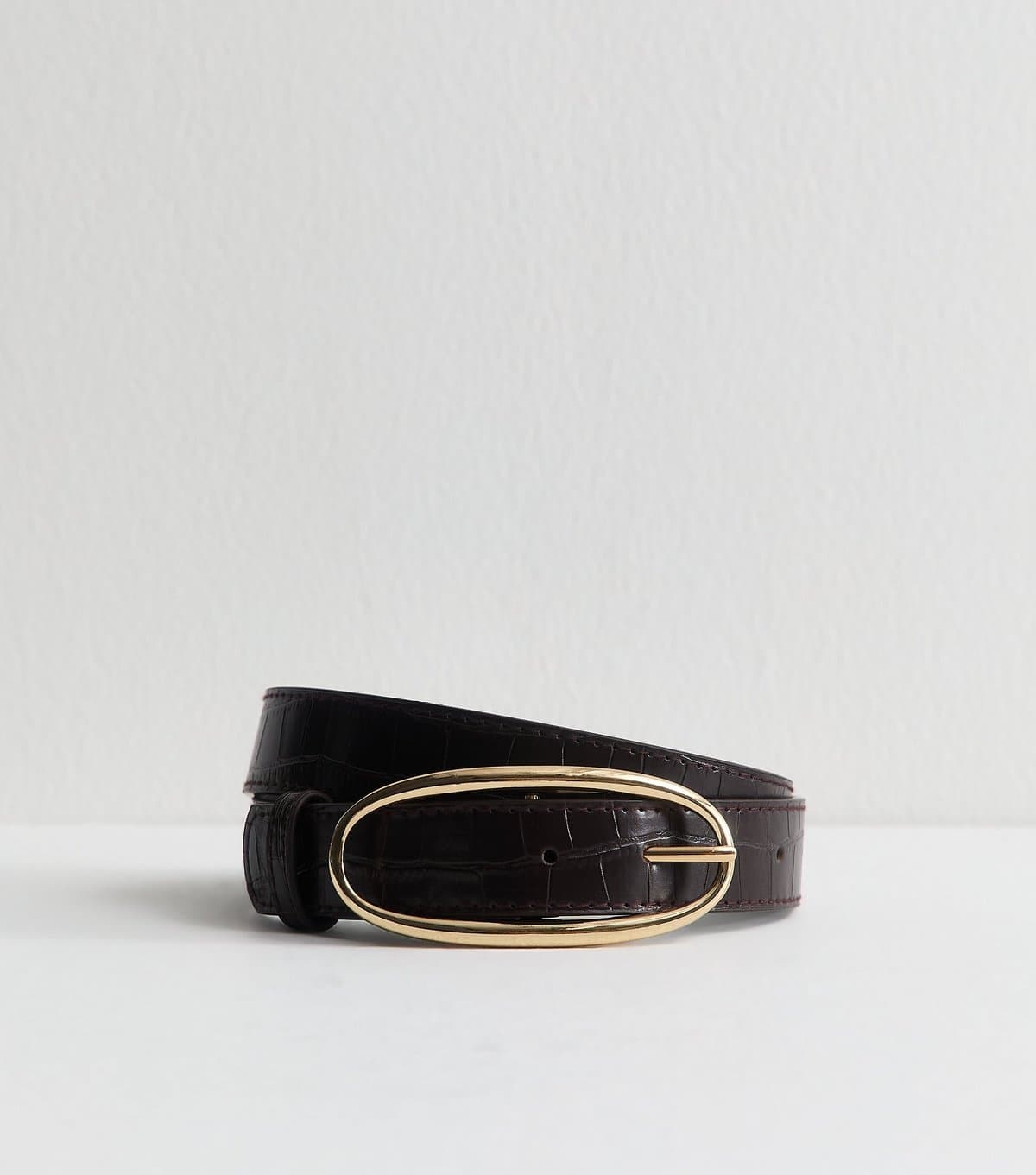 New Look Dark Brown Faux Leather Croc Embossed Oval Buckle Belt New Look