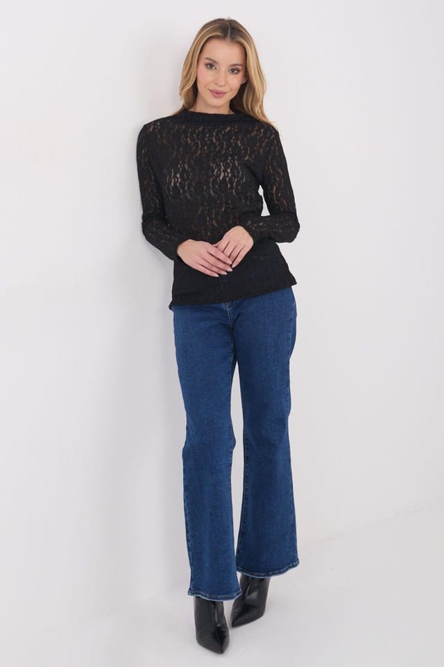Love Lace Love Lace Women's Italian Lace Long Sleeve Boat Neck Blouse in Black - 2