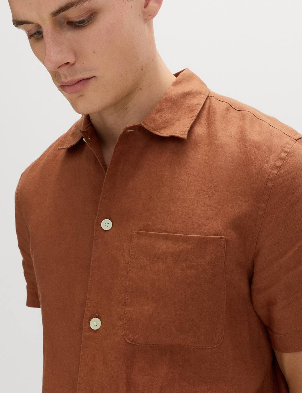 Marks & Spencer M&S Pure Linen Short Sleeve Shirt Rust