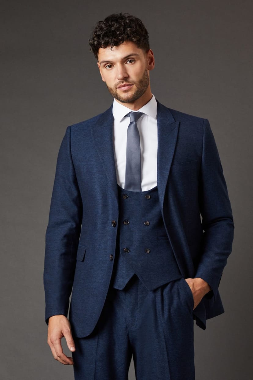Burton Burton Men's Navy Tweed Look Tailored Fit Suit Jacket - 1