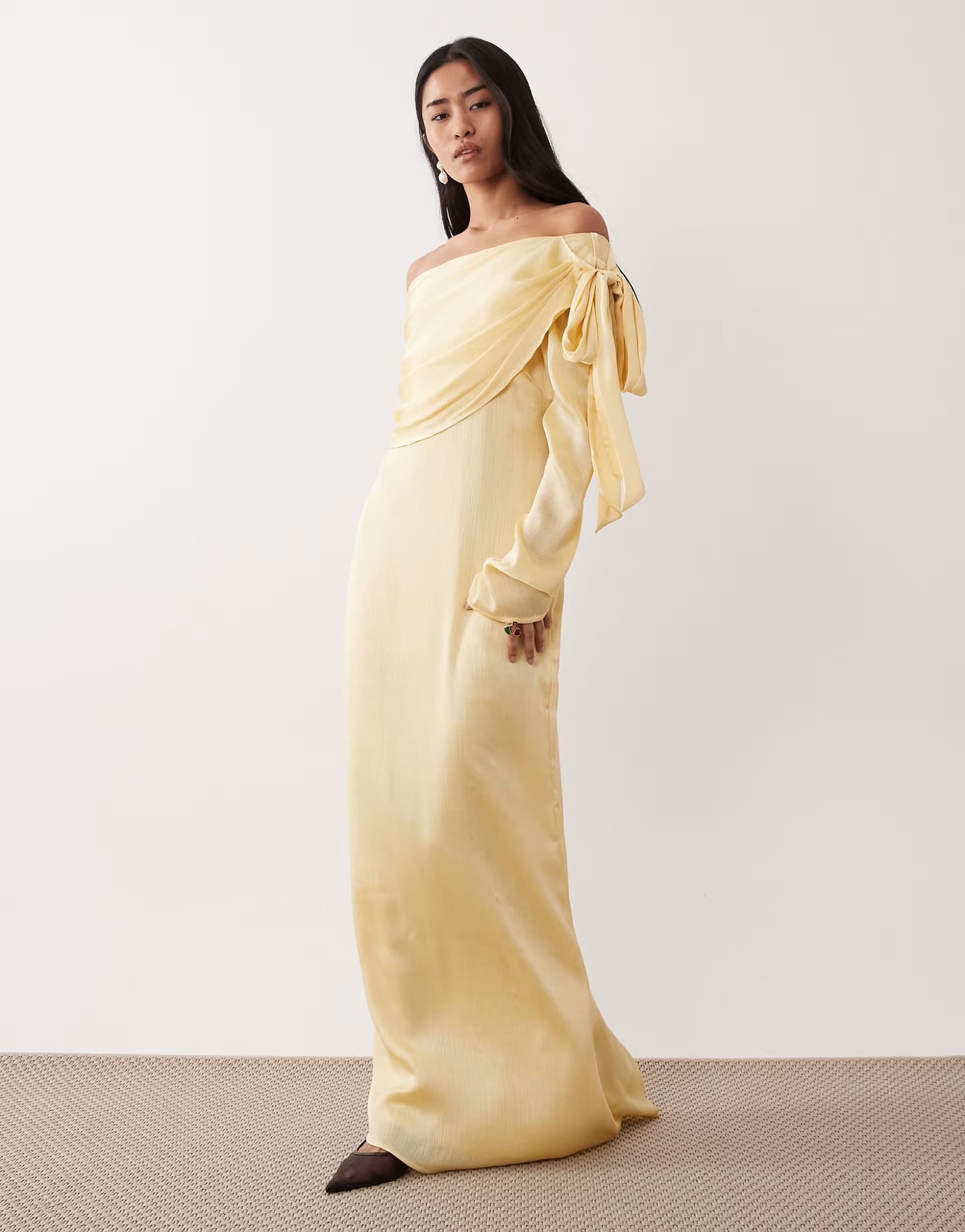 ASOS Pretty Lavish satin one shoulder bow maxi dress in lemon
