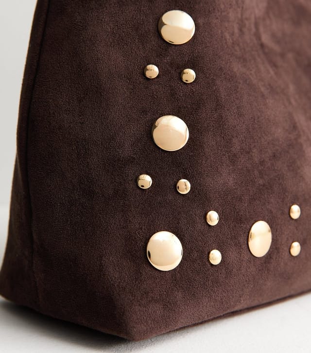 New Look Dark Brown Faux Suede Studded Hobo Bag New Look - 3