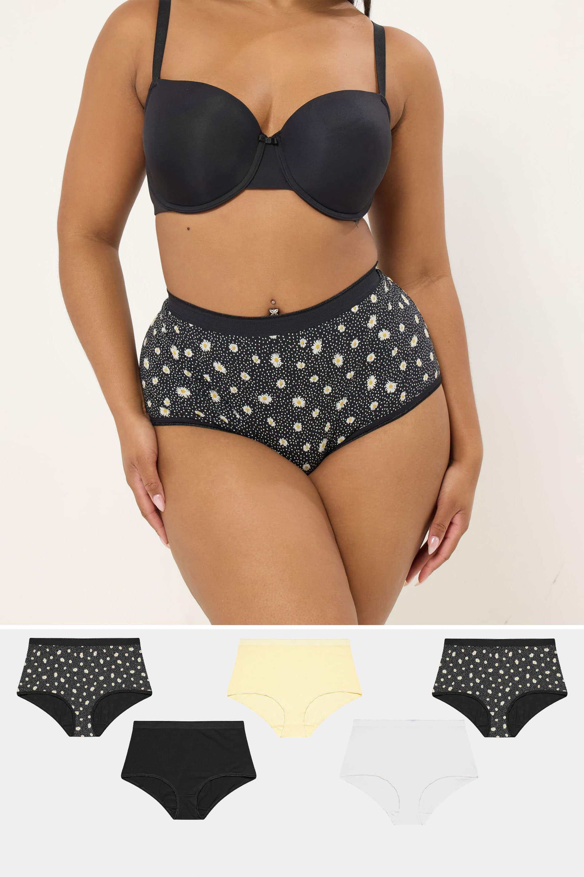 Yours 5 Pack Plus Size Black & Yellow Daisy Full Briefs