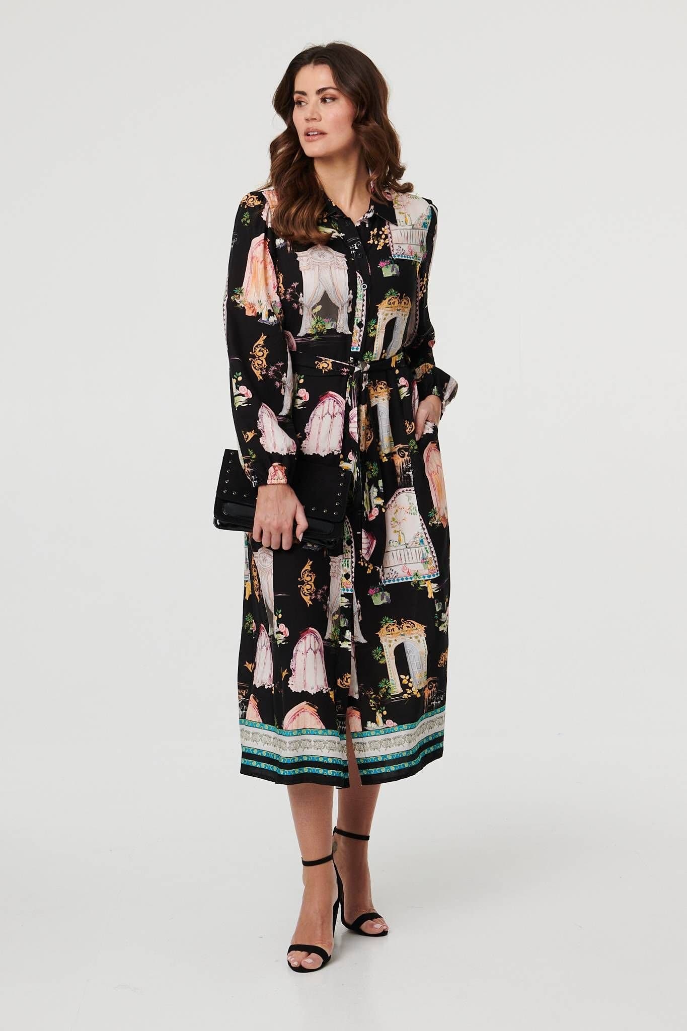 Izabel London Izabel London Women's Abstract Long Sleeve Shirt Midi Dress in Black