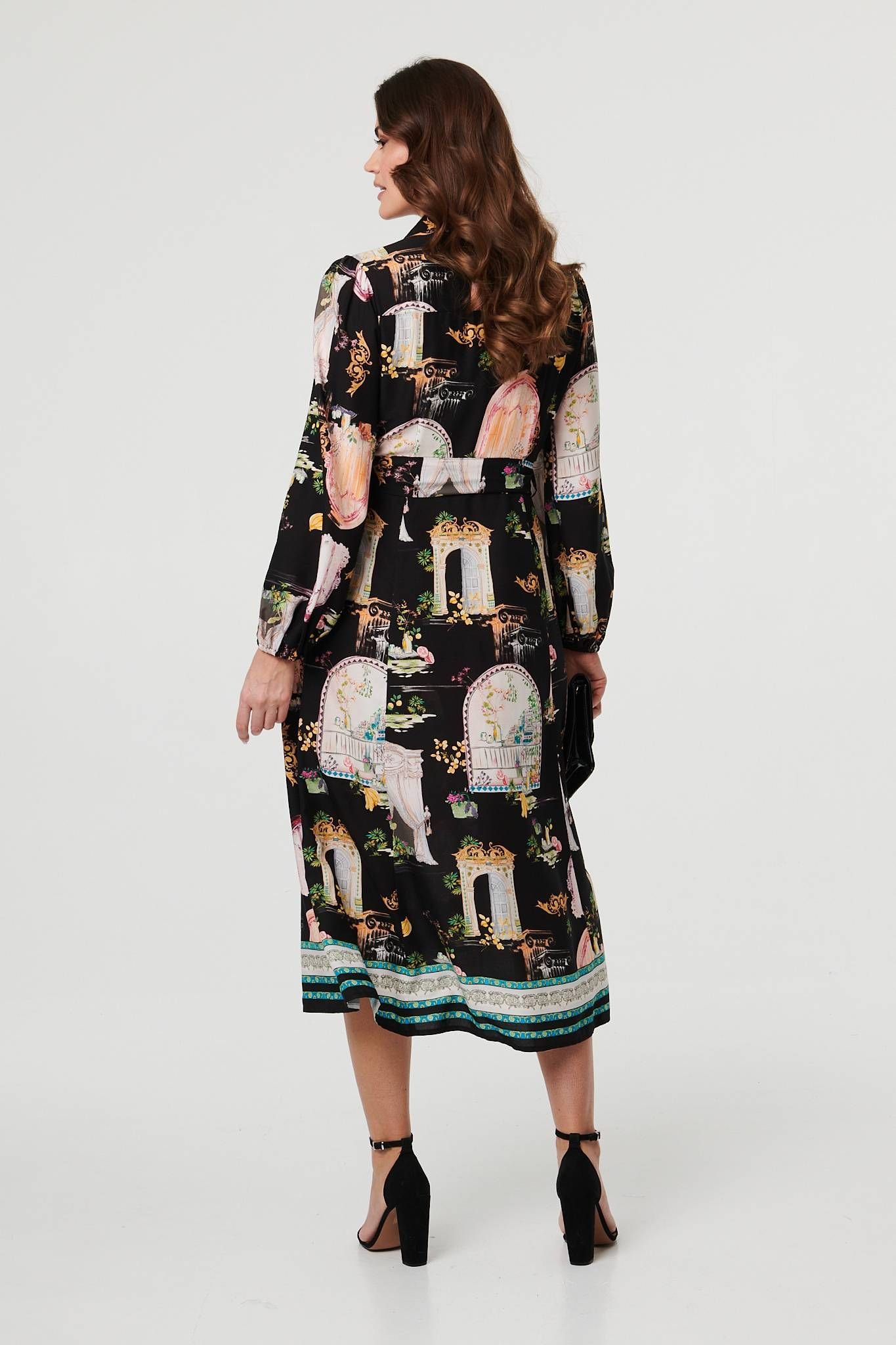 Izabel London Izabel London Women's Abstract Long Sleeve Shirt Midi Dress in Black - 3