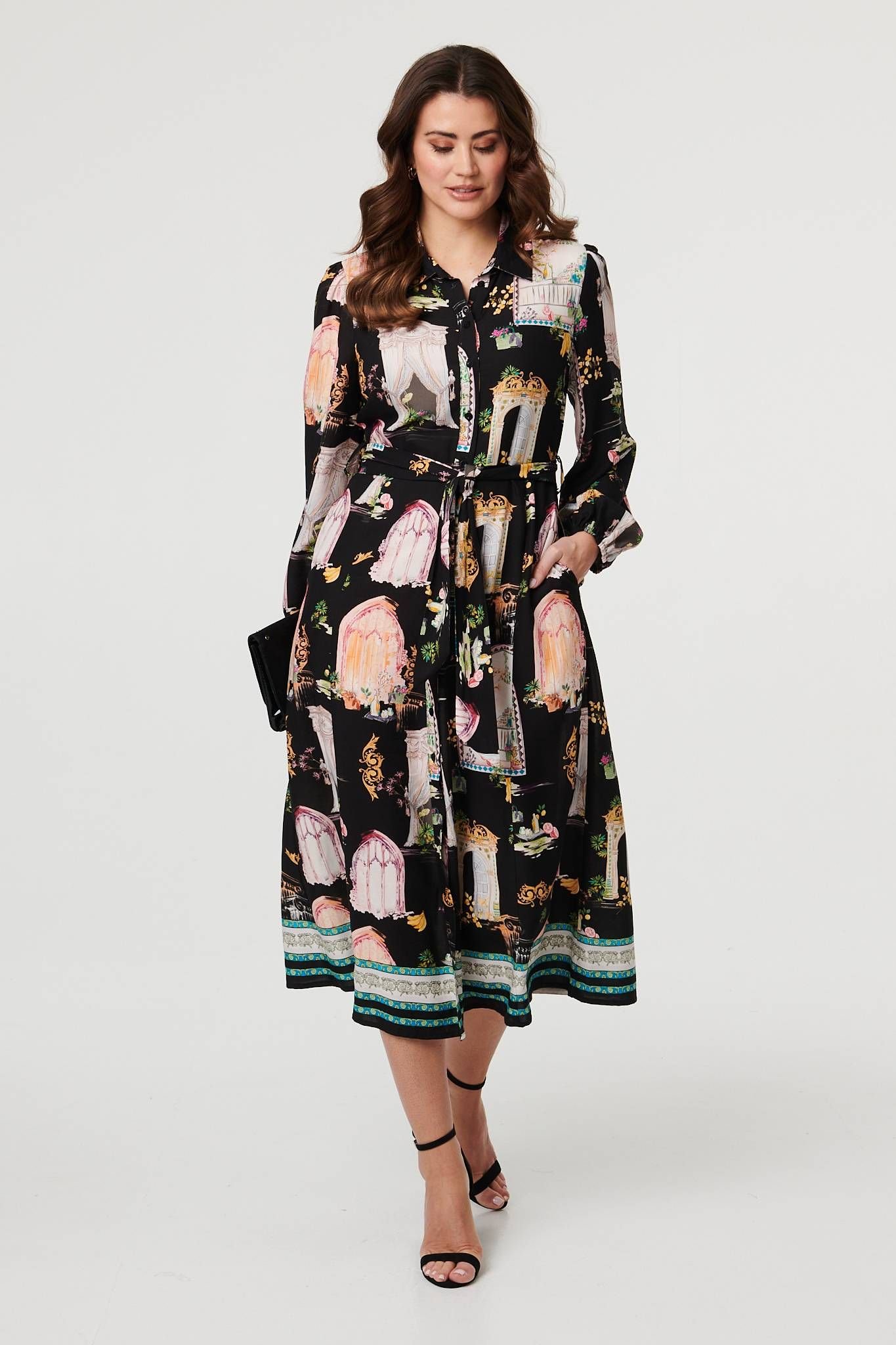 Izabel London Izabel London Women's Abstract Long Sleeve Shirt Midi Dress in Black - 4