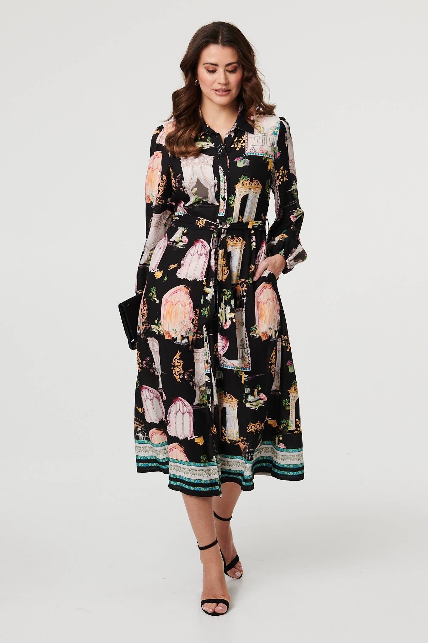 Izabel London Izabel London Women's Abstract Long Sleeve Shirt Midi Dress in Black - 4
