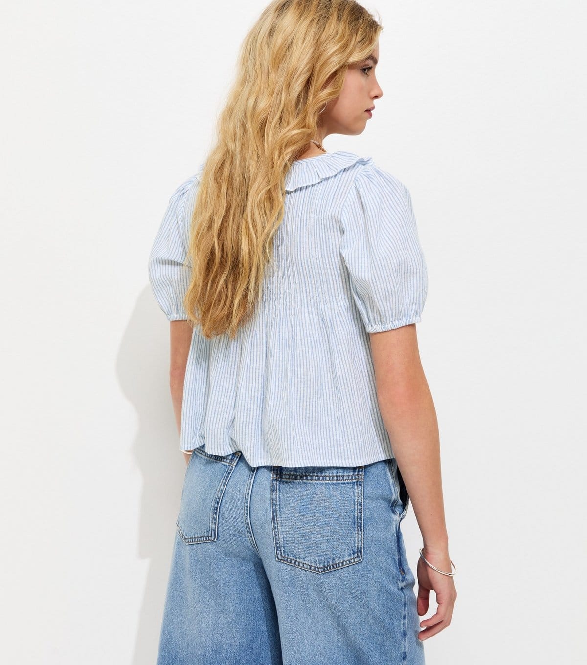New Look Women's Light Blue Striped Frill Neckline Blouse New Look - 4