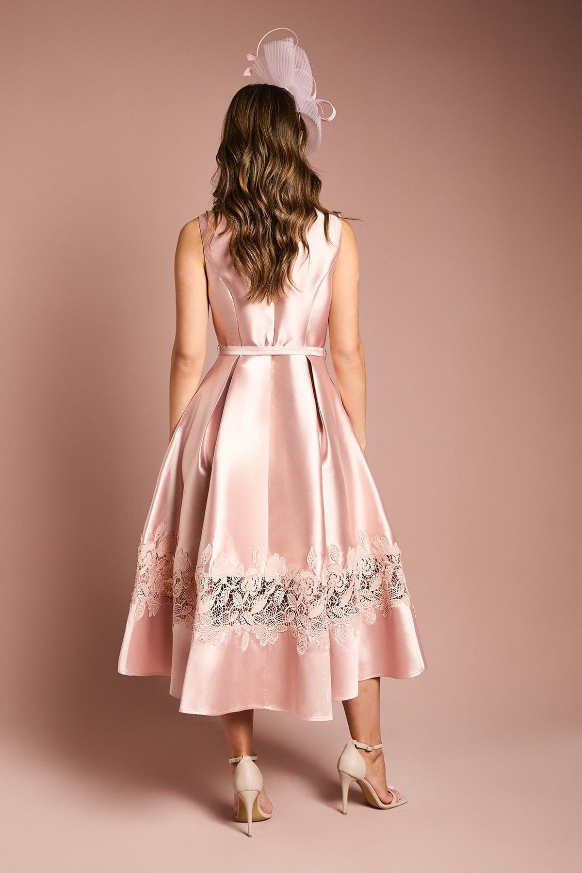 Coast Coast Women's Sleeveless Twill Midi Dress With Lace Trim & Belt in Pink - 4