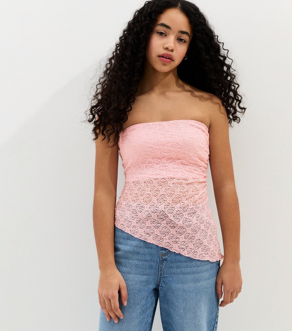 New Look Girls' Light Pink Jersey Lace Asymmetric Bandeau Top New Look - 2