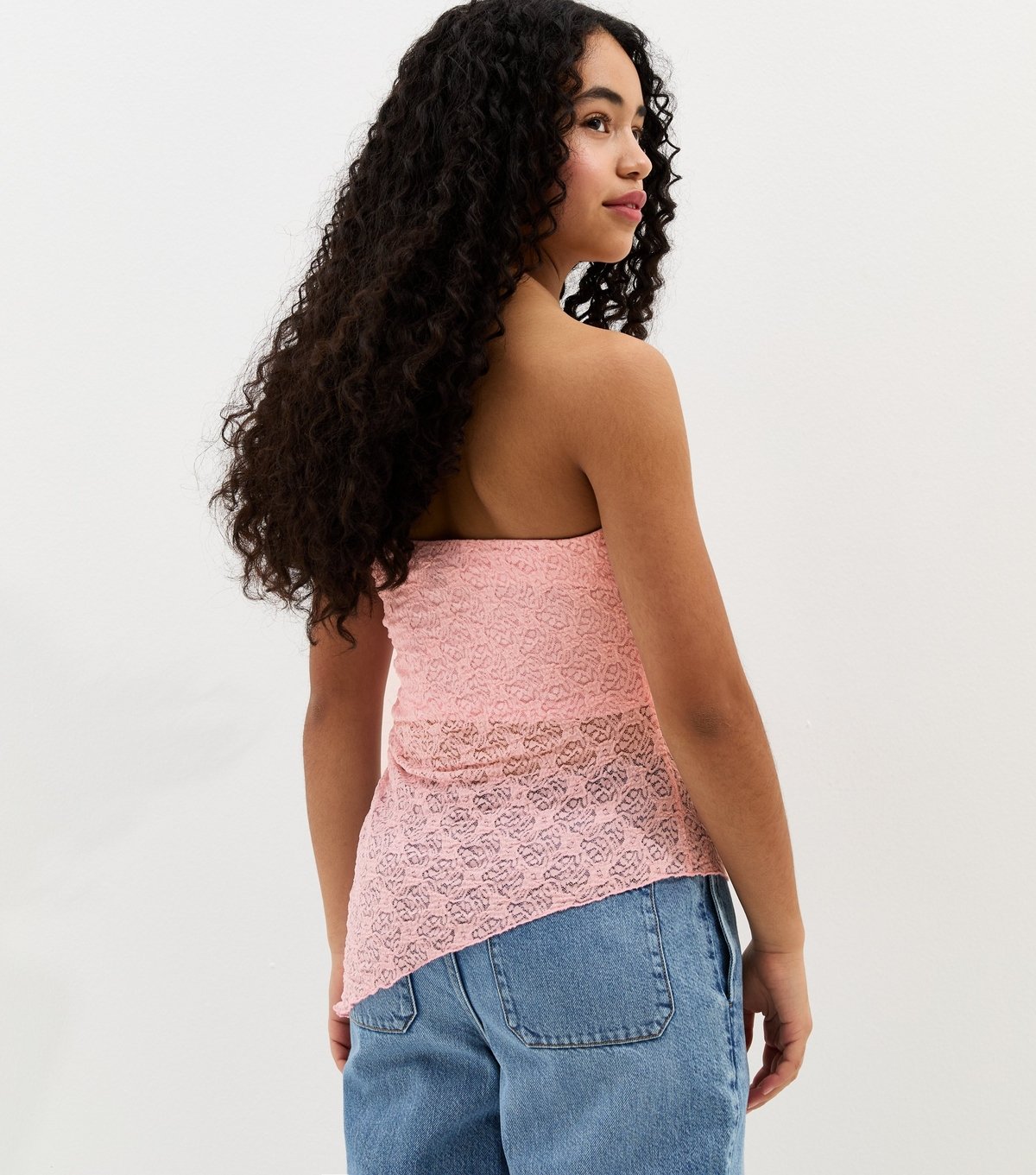 New Look Girls' Light Pink Jersey Lace Asymmetric Bandeau Top New Look - 4