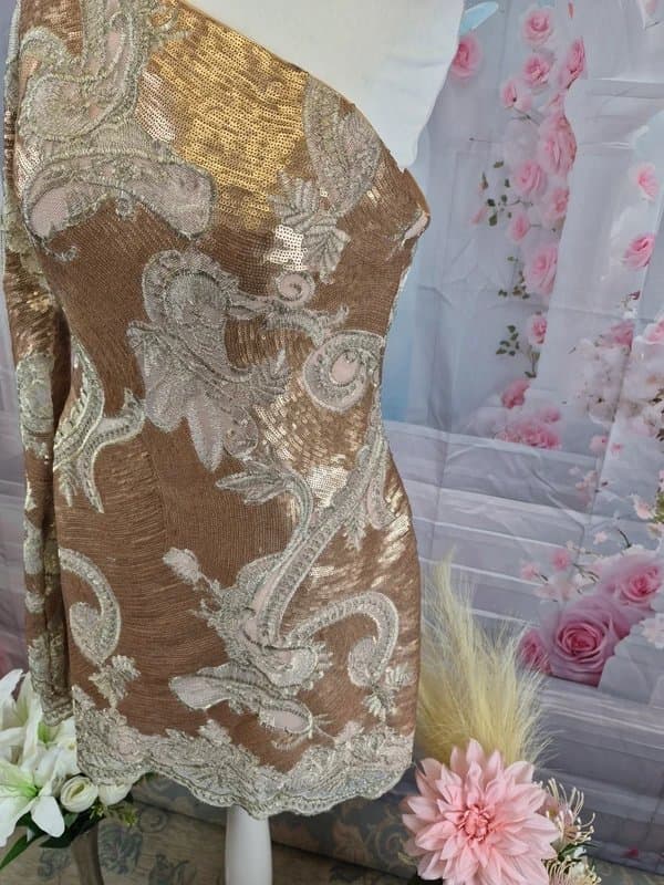 Barrus London Barrus London Gold Sequin One Shoulder Mini Dress UK 12 Paisley Lace Designer