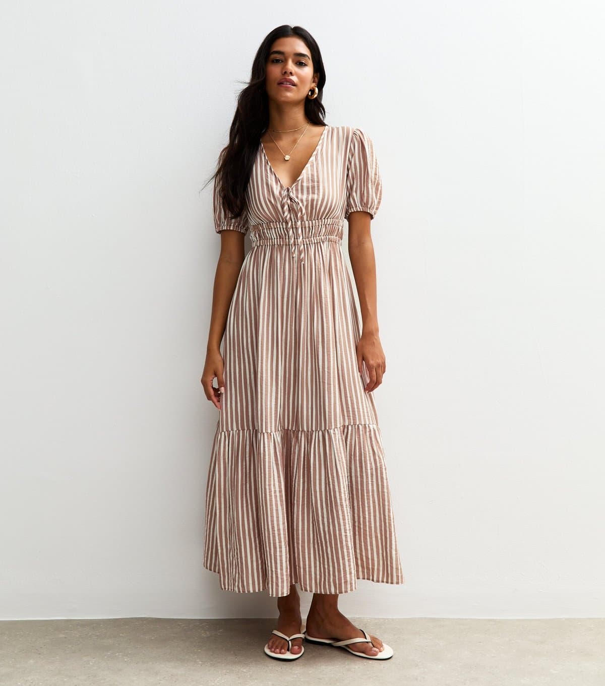New Look Women's Brown Striped Poplin Midi Dress New Look
