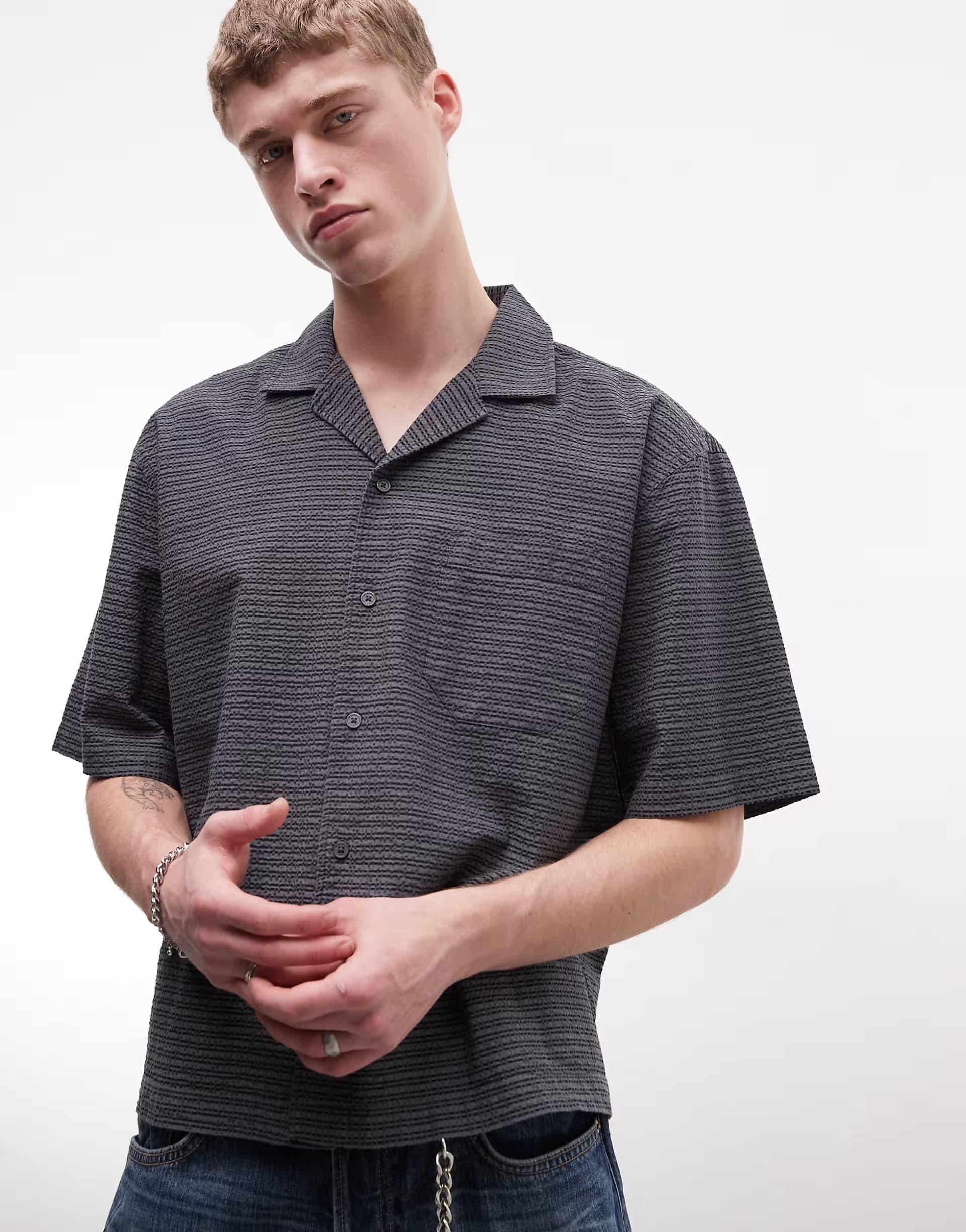 ASOS Weekday oversized short sleeve shirt in black and grey check