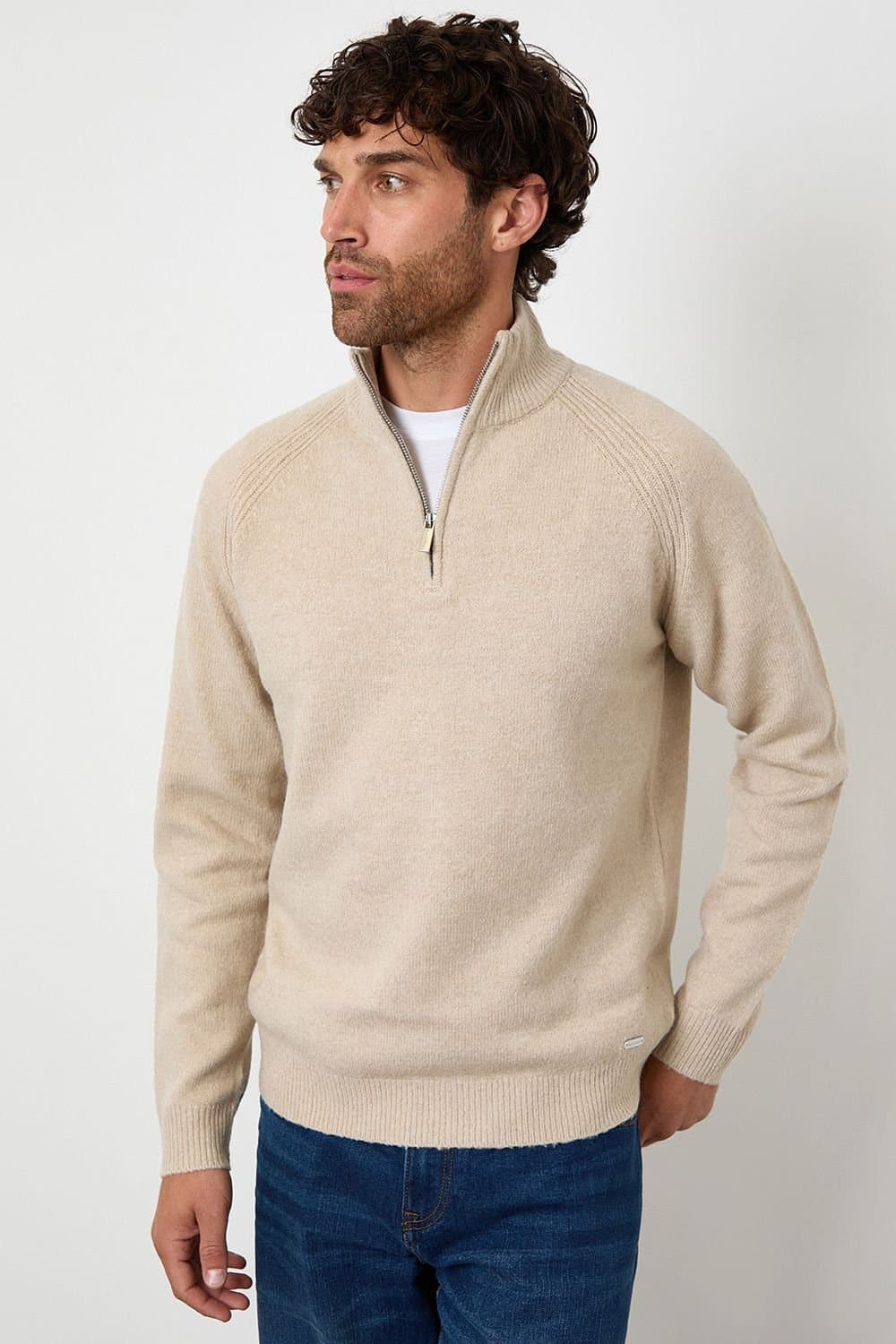 Threadbare Threadbare Men's Raglan Rib Quarter Zip Knitted Jumper in Stone