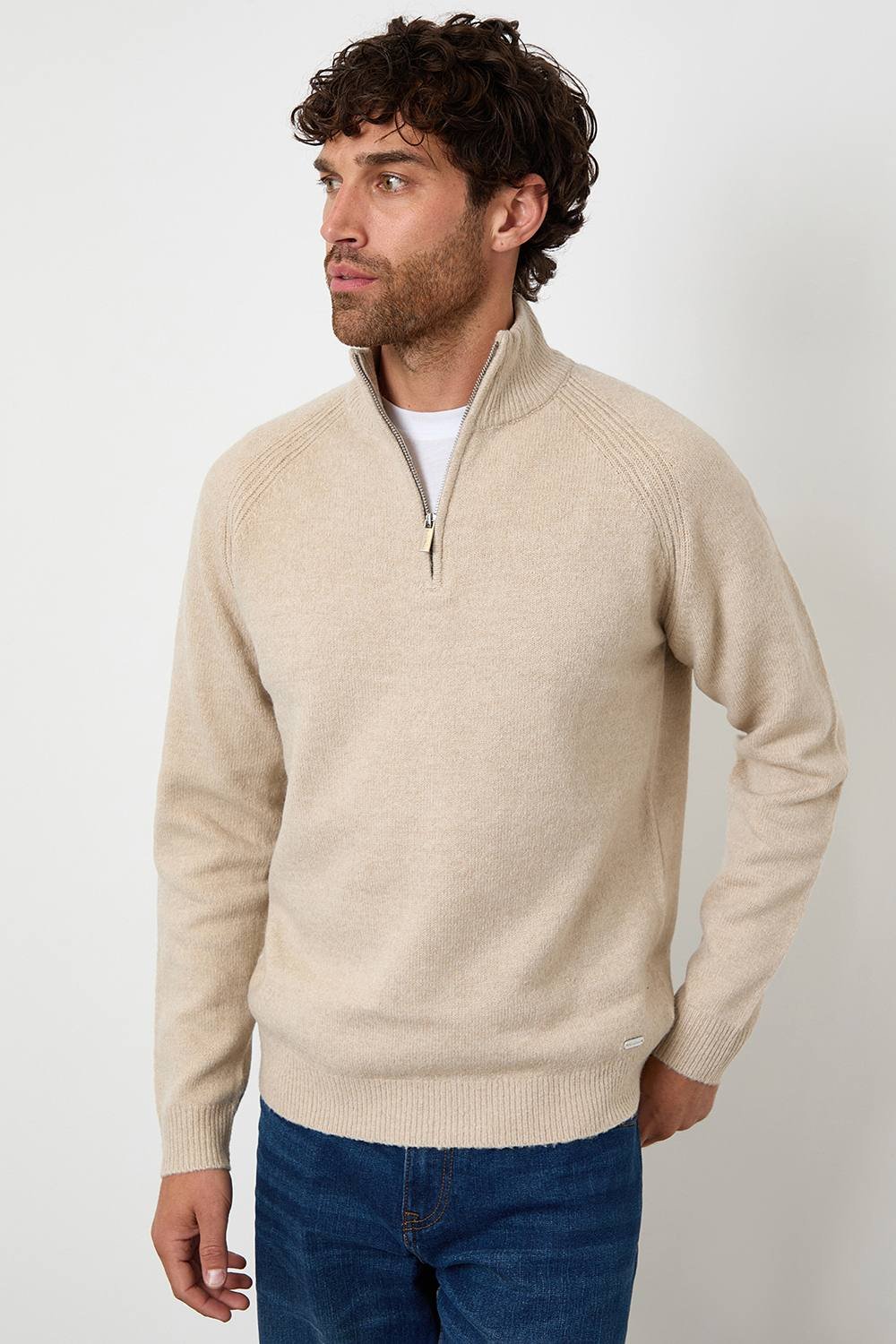 Threadbare Threadbare Men's Raglan Rib Quarter Zip Knitted Jumper in Stone - 2