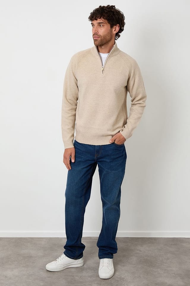 Threadbare Threadbare Men's Raglan Rib Quarter Zip Knitted Jumper in Stone - 3