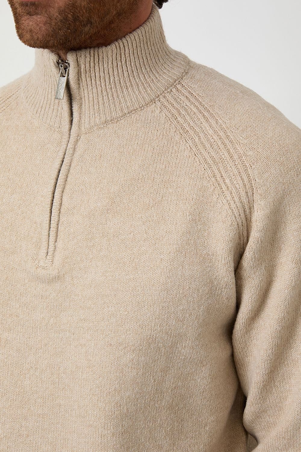 Threadbare Threadbare Men's Raglan Rib Quarter Zip Knitted Jumper in Stone - 4