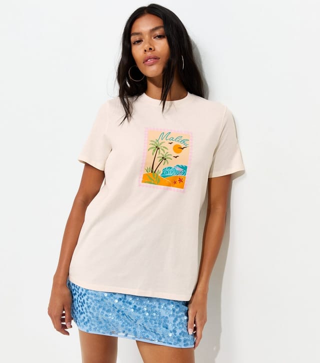 New Look Women's Off White Cotton Malibu Beach Print T-Shirt New Look - 2