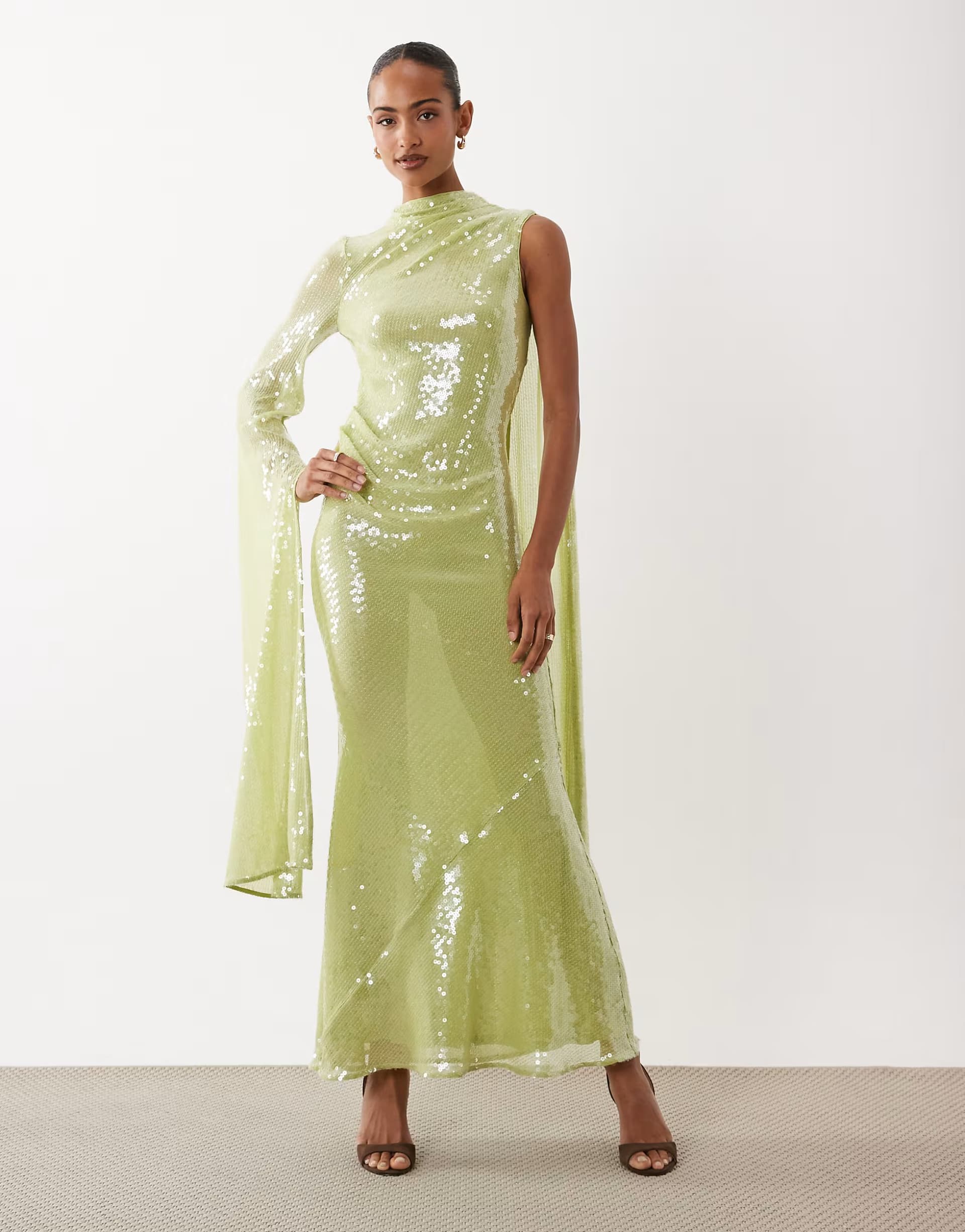 ASOS ASOS DESIGN sequin high neck one sleeve maxi dress in light green
