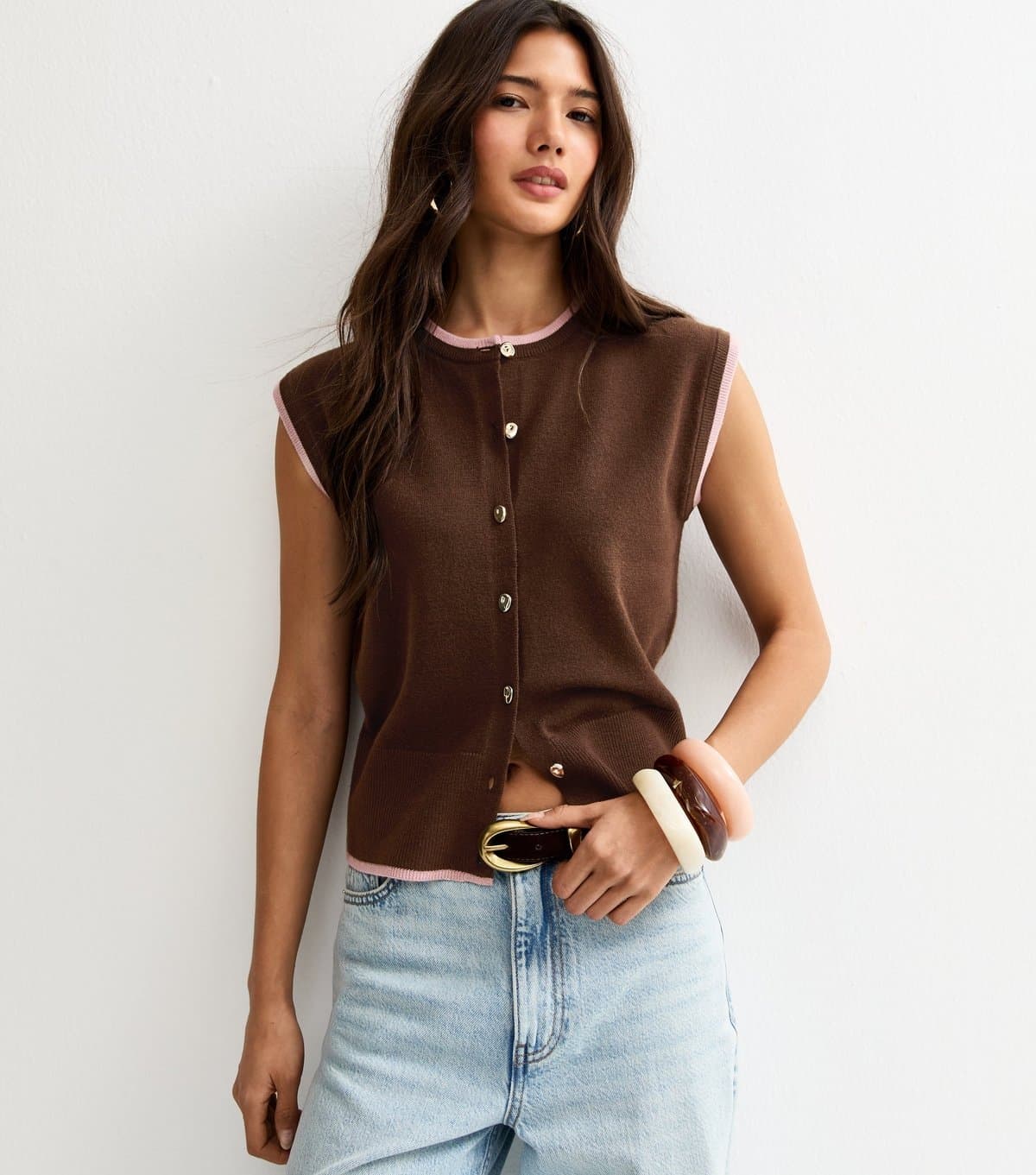 New Look Women's Pink Contrast Trim Knit Waistcoat New Look