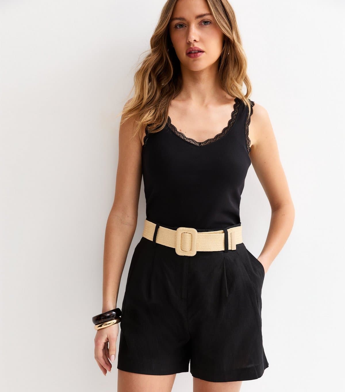 New Look Women's Black Linen Blend Belted Shorts New Look