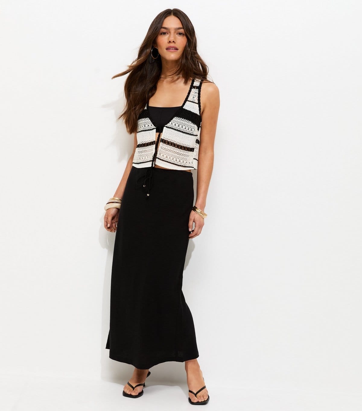 Women's Petite Black Linen Look Bias Cut Tie Waist Midi Skirt New Look