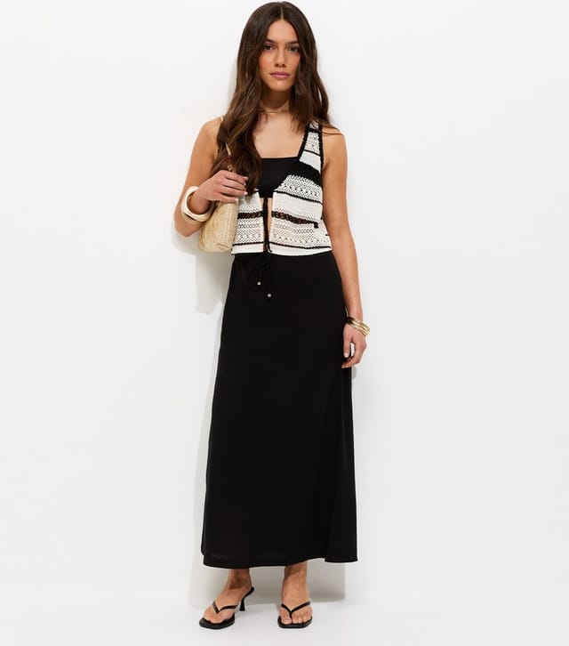 New Look Women's Petite Black Linen Look Bias Cut Tie Waist Midi Skirt New Look - 3