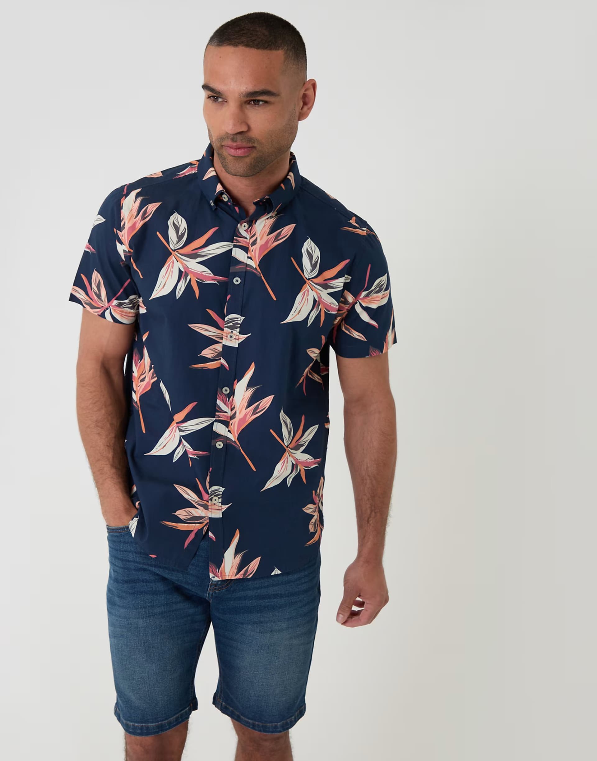ASOS Threadbare Tropical leaf print cotton short sleeve shirt in navy