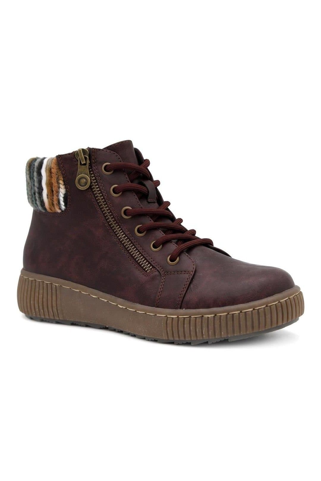Pavers Pavers Women's Knitted Cuff Zip & Lace Chunky Ankle Boots in Burgundy
