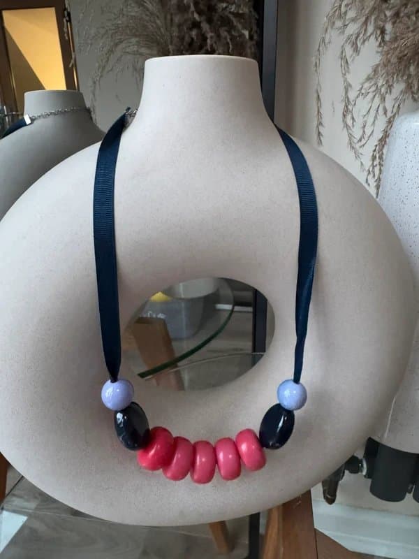 Laura Ashley Laura Ashley Statement Bead Necklace – Navy Ribbon Strap – Bold Pink & Lilac – Retro Y2K Style