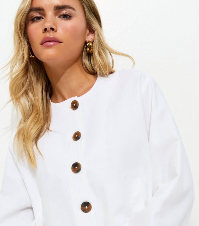 New Look Women's Petite White Linen Blend Button Through Bomber Jacket New Look - 2