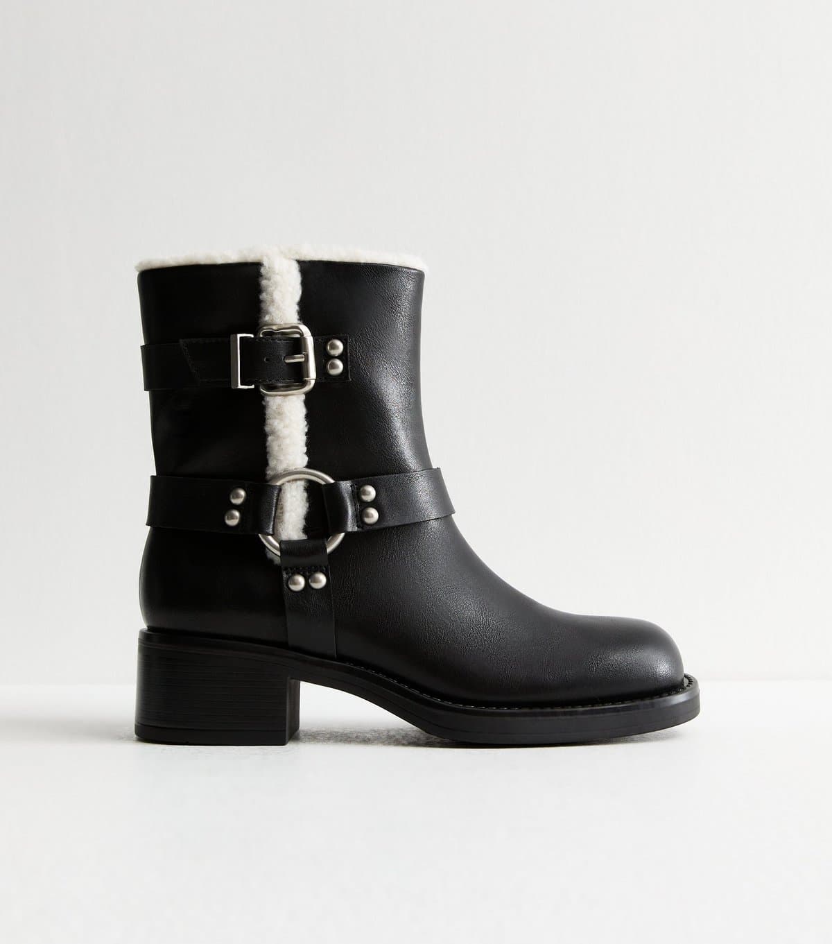 New Look Women's Black Faux Fur Trim Leather Look Biker Boots Vegan New Look
