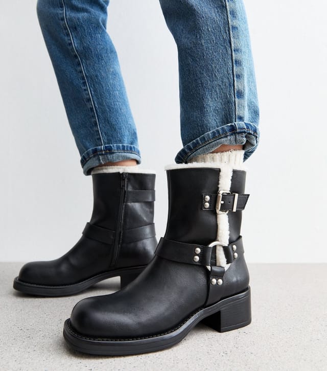 New Look Women's Black Faux Fur Trim Leather Look Biker Boots Vegan New Look - 2