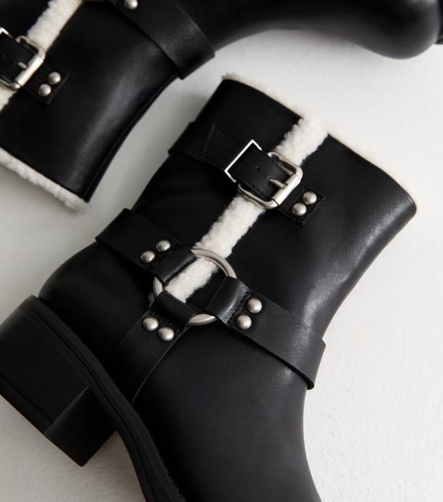 New Look Women's Black Faux Fur Trim Leather Look Biker Boots Vegan New Look - 3
